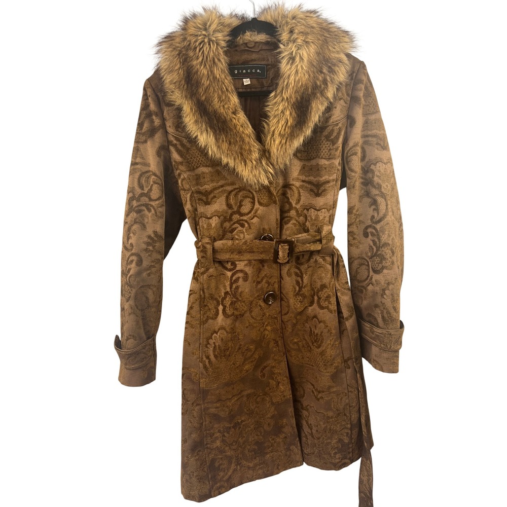 Giacca Gallery Company Brown Faux Fur Tapestry Jacquard Trench Coat SZL